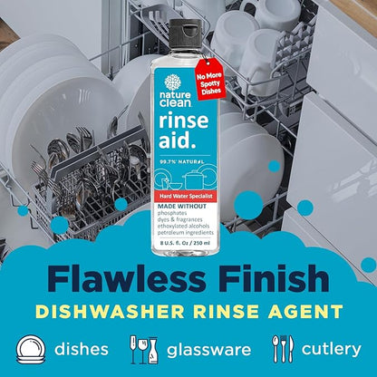 Nature Clean All Natural Dishwasher Rinse Aid Cleaner, Liquid Dishwasher Rinse Agent for Spot-Free Glass & Cutlery in Hard Water, Non Toxic Dish Washer Rinse Aid & Stain Remover, 8 oz/250ml, Pack of 6