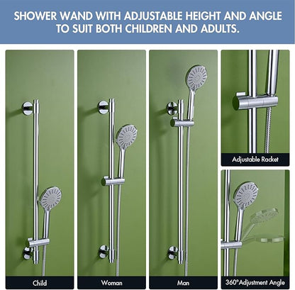Adjustable Shower Slide Bar with 5-Function Handheld Shower Head, Stainless Steel Drill-free Mounted Slide Bar Combo with Extra Hose (Chrome)