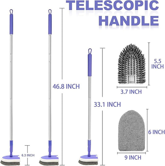 2 in 1 Tile Tub Scrubber Brush with 46.8" Extendable Long Handle, Shower Mop and Tub Cleaning Brush with 2 Different Function Cleaning Heads for Cleaning Bathroom Kitchen Wall Bathtub Floor