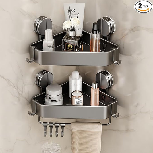 Suction Cup Shower Caddy Corner, 2 Pack Suction Corner Shower Shelves No Drilling, Rustproof Shower Organizer Suction Cup with Towel Holder & Hooks Removable Bathroom Storage Rack(Gray)