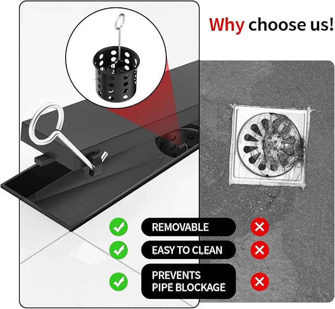 Linear Shower Drain, 304 Stainless Steel with Adjustable Leveling Feet, Hair Strainer,Reversely Install Place to Create an Invisible Floor Drain - Black -18-Inch