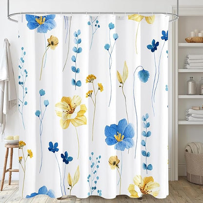 Gibelle Watercolor Floral Shower Curtain, Blue Yellow Flower Shower Curtain for Bathroom, Modern Minimalist Waterproof Fabric Shower Curtain Set 72x72 Inch