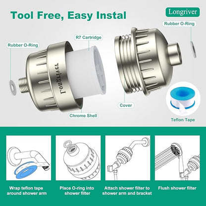R7 Shower Filter High Put Shower Water Filter for Hard Water 99.99% Remove Chlorine, Heavy Metals, Shower Water Softener, Improve your skin and hair, Bathroom Fixture Hardware Parts, Brushed Nickel
