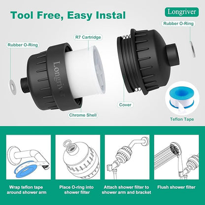 R7 Shower Filter High Put Shower Water Filter for Hard Water 99.99% Remove Chlorine, Heavy Metals, Shower Water Softener, Improve your skin and hair, Bathroom Fixture Hardware Parts, Black, 2 Pack