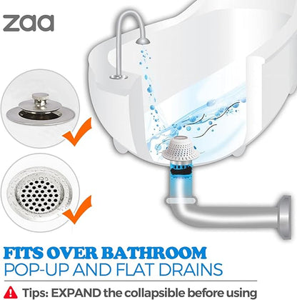 zaa Bathtub Drain Hair Catcher, Premium Silicone Collapsible 2 Pack Drain Protector for Pop-Up and Regular Drains of Shower, Bathtub, Tub, Bathroom, Sink, White