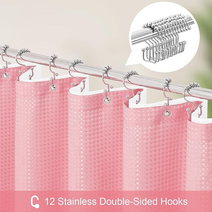 3 in 1 Extra Long Pink Shower Curtain Set-72 W x 84 H, Modern Waffle and PEVA Liner Set with 12 Stainless Steel Hooks, Waterproof Fabric for Bathroom