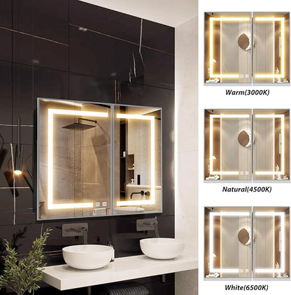 APRILSOUL 36X30 Inch Silver Bathroom Medicine Cabinet with Mirror, Recessed or Surface Lighted Medicine Cabinet with 3 Colors Temperature, Dimmable Light