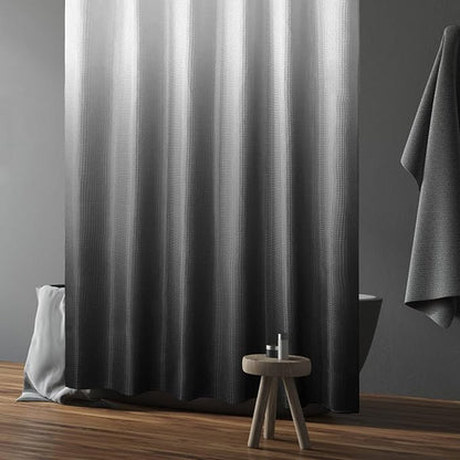 Gibelle Long Shower Curtain 72 x 78, Tall Black Ombre Shower Curtain for Bathroom, Waffle Weave Fabric Shower Curtain Set with Hooks, Water Repellent, Machine Washable