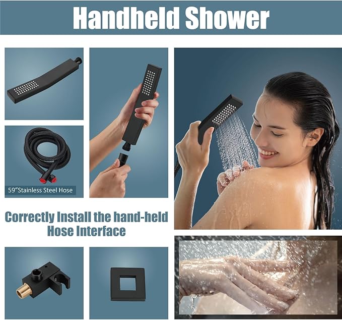 Aolemi Shower Faucet Set Rain Shower System with Handheld Spray Bathroom Shower Combo Rough-in Valve and Shower Trim Kit Included Matte Black 12 Inch Wall Mount Shower Head