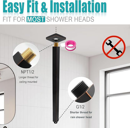 Oil Rubbed Bronze Shower Arm with Flange and Teflon Tape for High Ceiling Fixed Rain Showerhead, Universal Connection 16-inch Square Straight Shower Head Extender Extension Pipe, 304 Stainless Steel