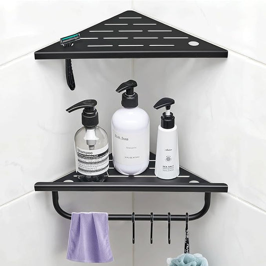 Corner Shower Shelf, 10'' Shower Corner Shelf with Towel Bar & Hooks, 304 Stainless Steel Recessed Bathroom Shelves, No Drilling for Tiled Wall, 2-Pack (Matte Black)