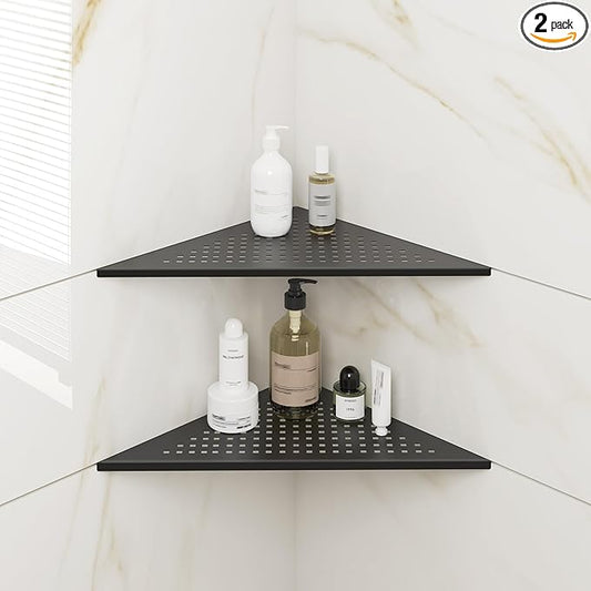 FerdY 2-Pack 10" Matte Black Recessed Corner Shower Shelf, for Tiled Bathroom Walls, 304 Stainless Steel Floating Shelf, Shower Caddy Storage Shelves, No Drilling Required, Point Triangle