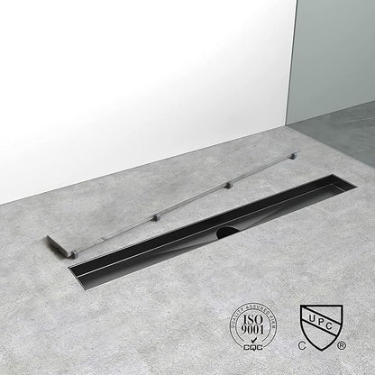Linear Shower Drain, 48 inch Black Drain with Tile Insert 2-in-1 Panel, Brushed 304 Stainless Steel Shower Floor Drain, Linear Drain with Hair Strainer and Adjustable Feet