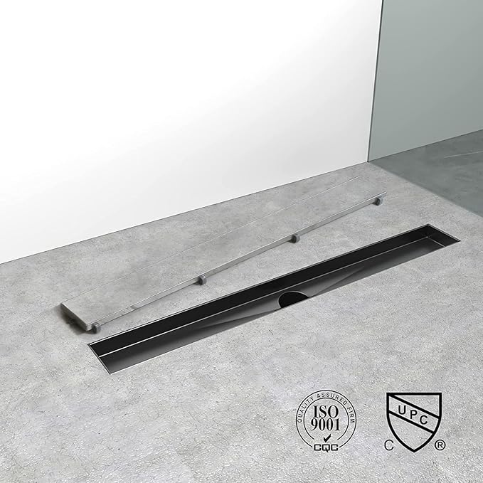 Linear Shower Drain, 32 inch Black Drain with Tile Insert 2-in-1 Panel, Brushed 304 Stainless Steel Shower Floor Drain, Linear Drain with Hair Strainer and Adjustable Feet