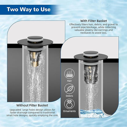 Hibbent 2 Pack 3 in 1 Bathroom Sink Drain Strainer, Universal Pop Up Stopper with Removable Stainless Steel Filter Basket Hair Catcher, Sink Plug for 1.1''~2.36'' Basin, Brass Bullet Core, Matte Black