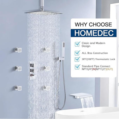 HOMEDEC Brass 4 Ways Shower Diverter Valve, Thermostatic 4 Outlets 3 Handles Control Shower Mixing Valve Trim Kit Replacement, Rough In, Chrome