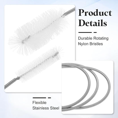 HARFINGTON 3pcs Flexible Long Drain Brush Straw Cleaner Set 35.43" Stainless Steel Double Ended Hose Brush with 8" Nylon Long Tube Pipe Cleaning for Fish Tank Sink Pipe, White