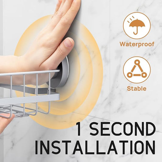 LEVERLOC Corner-adaptive Suction Cup Shower Caddies 2 Pack, Stainless Steel Rustproof Corner Shower Shelf, Large Capacity Removable Suction Cup Bathroom Organizer, Drill-Free Wall Mounted Basket, Gray
