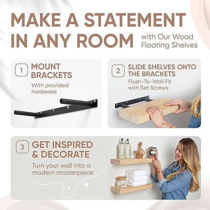 Homeforia Wood Floating Shelf 16 inch, High End Solid Natural Wood 16inch Floating Shelves for Wall Mounted, Unfinished Wooden Small Floating Shelves, Heavy Duty Bracket, 16 X 6.5 X 1.75 in, Set of 2