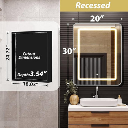 APRILSOUL 20X30 Inch Silver Bathroom Medicine Cabinet with Mirror, Recessed or Surface Lighted Medicine Cabinet with 3 Colors Temperature, Dimmable Light