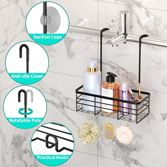 HapiRm Hanging Shower Caddy Organizer - No Drilling Shower Organizer with Hooks, Rustproof & Waterproof 304 Stainless Steel Bathroom Shelves - Black (1 Basket)