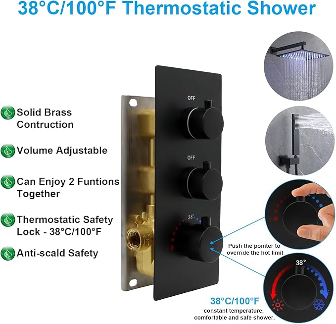 HOMEDEC 2 Way Shower Diverter Valve Brass Dual Functions Thermostatic Shower Mixing Valve Kit 3 Handle Flow Control Valve, 3/4 Inch Inlet, Can Use All Options At a Time, Matte Black