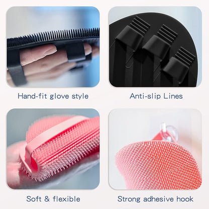 Manmihealth 4 Pack Soft Silicone Shower Brush, Super-Lathering and Deep-Cleaning Body & Face Scrubber, Gentle Exfoliating Bath Glove for All Skin Types, with Free Hooks (Black+Pink)*2
