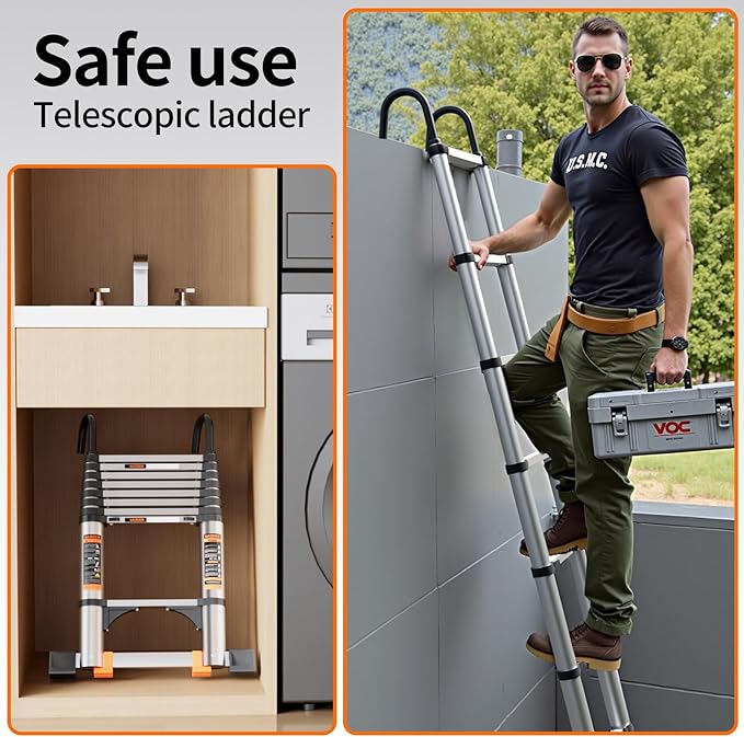 Telescoping Ladder,with Stable Hook and stabilizer barand,Extension Ladder, Heavy Duty 330lbs Max Capacity, Multi-Purpose Collapsible Ladder for RV or Outdoor Work (Aluminum, 8.5FT/2.6M(A-Button))