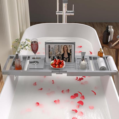 Bathtub Caddy Tray for Tub,Foldable Bath Table Trays,Bamboo Shelf with Book and Wine Glass Holder,Bathroom Accessories Suitable for Luxury Spa or Reading,Gray