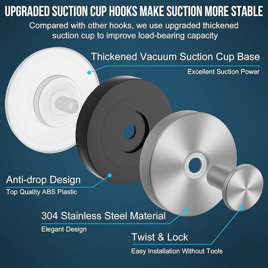 Suction Cup Hook for Shower, 16 Pack Wall Mount Towel Holder, Removable Towel Hook - Stainless Steel No Drill Hook for Bathroom Window Glass Door Wall Home Kitchen Silver