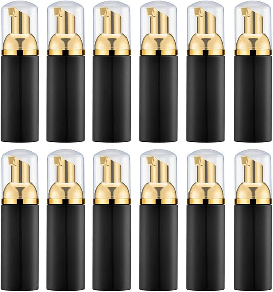 2 Oz Foam Pump Bottle (12PCS). Empty Foaming Soap Dispenser for Refillable Travel Liquid Hand Soap, Body Wash, Eyelash Shampoo. BPA Free Mini Pocket Size(Black&Gold Pump&Clear Cap)