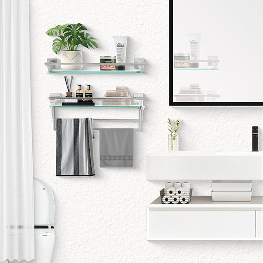 LANC Bathroom Shelves Glass Shelf 20-Inch Brushed Nickel Floating Tempered Glass Shelf Rectangular Modern Stainless Steel Wall Mount Shelves for Shower Bathroom Kitchen Organizers Accessories，A7613BN