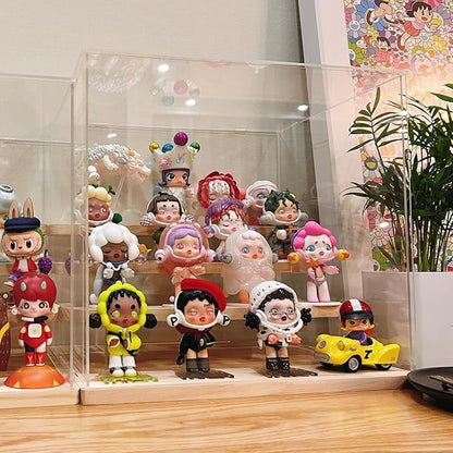 Choowin 4 Tier Clear Acrylic Display Case for Collectibles, Mini Figures, Pop Mart, Labubu, Sonny Angel, Smiski - Assemble Dustproof Acrylic Display Box with Door, Stand (Wood Base Step)