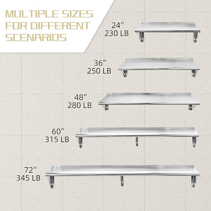 Hally Stainless Steel Shelf 12 x 48 Inches 280 lb, NSF Commercial Wall Mount Floating Shelving for Restaurant, Kitchen, Home and Hotel