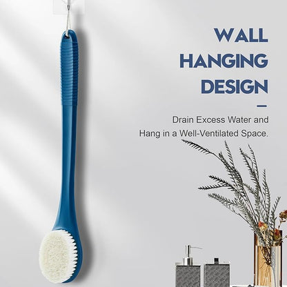 Back Scrubber for Shower, Shower Body Brush for Cleaning with Long Handle for Showering, 17 Inch Back Washer Exfoliator for Shower Men Women with Non-Slip Handle, Adhesive Hook (Navy Blue)