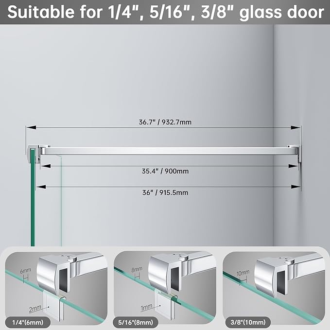 Frameless Shower Door Support Bar, Stainless Steel Wall-to-Glass Support Arm to Fixed Shower Glass Panel, for 1/4"-3/8" (6-10 mm) Door, 180° Pivot & Stow-Flat Mode (Chrome, 35.4-inch(900mm))