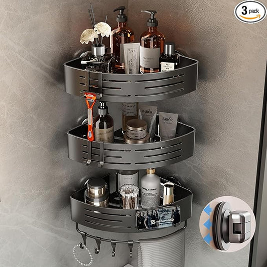 Voldra Corner Shower Caddy Suction Cup, Corner Shower Shelves No Drilling, Aluminum Upgrade Suction Cup Shower Organizer with Towel Bar & Hooks Removable Bathroom Storage Rack(3 Pack,Gray)