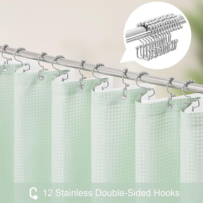 3 in 1 Extra Long Mint Green Shower Curtain Set-72 W x 84 H, Modern Waffle and PEVA Liner Set with 12 Stainless Steel Hooks, Waterproof Fabric for Bathroom