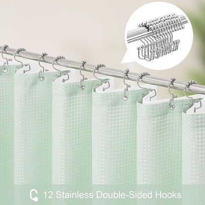 3 in 1 Shower Curtain Set, Mint Green Waffle Shower Curtain and PEVA Liner Set with 12 Stainless Steel Shower Curtain Hooks, Waterproof Shower Curtains for Bathroom, 72 W x 72 H