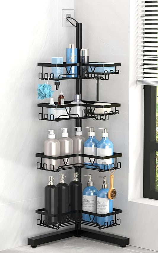 KEGII Corner Shower Caddy Standing – 4-Tier Shower Shelf Organizer with Hooks & Soap Holder, Free-Standing Bathroom Storage Rack for Shampoo & Toiletries, Black