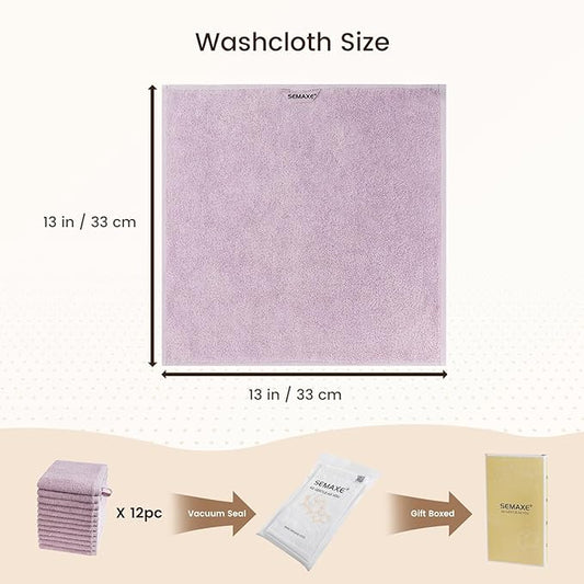SEMAXE 100% Cotton Washcloths 12-Pack, 13 × 13 Inch Soft Luxury Face Towels – Super Absorbent & Quick-Dry, Premium Cloth with Hanging Loop, Oeko-TEX Certified, Gift-Ready Box, Purple