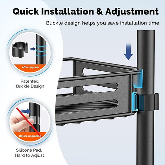 HAMITOR Corner Shower Caddy Tension Pole: Quick Installation 4-Tier Rustproof Bathroom Organizer Shelves for Bathtub Shampoo Storage - 47-121 inch Adjustable Floor Standing Bath Rack Holder - Black