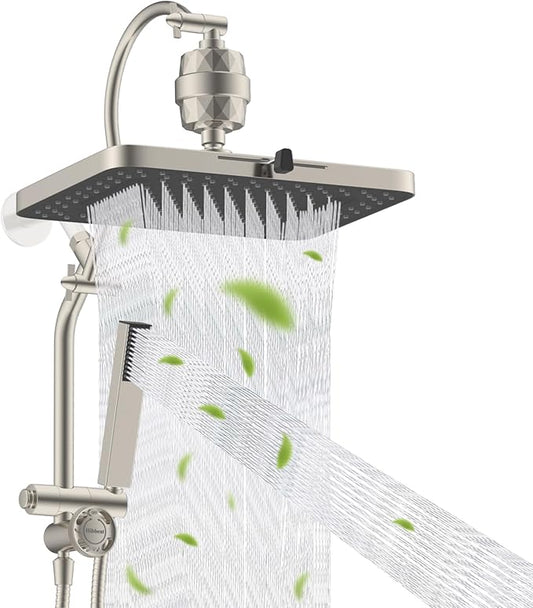 Hibbent 5-spray Filtered Rainfall Shower Head Combo, High Pressure 13'' Showerhead with Stainless Steel 4 Spray Modes Handheld, All Metal 4-way Diverter Arm, 71'' Hose & Holder, Brushed Nickel
