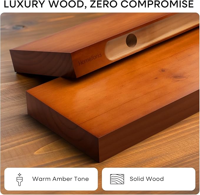 Homeforia 18 inch Floating Shelf Oak, High End Solid Real Wood 18inch Long Floating Shelves for Wall Mounted, Honey Oak Wooden 18in Floating Shelves, Heavy Duty Bracket, 18 X 6.5 X 1.75 inch, Set of 2