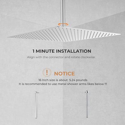 Oversize Rain Shower Head, Ultra Thin 16 Inch Square Stainless Steel Rainfall Shower Head with 360° Rotation, High Pressure Waterfall, Full Body Coverage, Brush Nickel