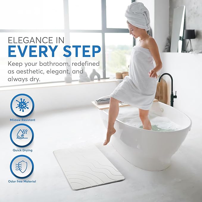 Stone Bath Mat – Quick Drying Diatomaceous Earth Bath Mat, Super Absorbent Bathroom Stone Mat, Non-Slip Shower Stone Mat, Modern Water Absorbing Bath Mat for Bathroom & Kitchen (23.6” x 15.3”, White)