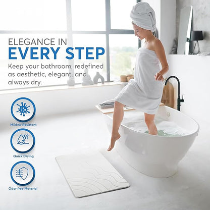 Stone Bath Mat – Quick Drying Diatomaceous Earth Bath Mat, Super Absorbent Bathroom Stone Mat, Non-Slip Shower Stone Mat, Modern Water Absorbing Bath Mat for Bathroom & Kitchen (23.6” x 15.3”, White)