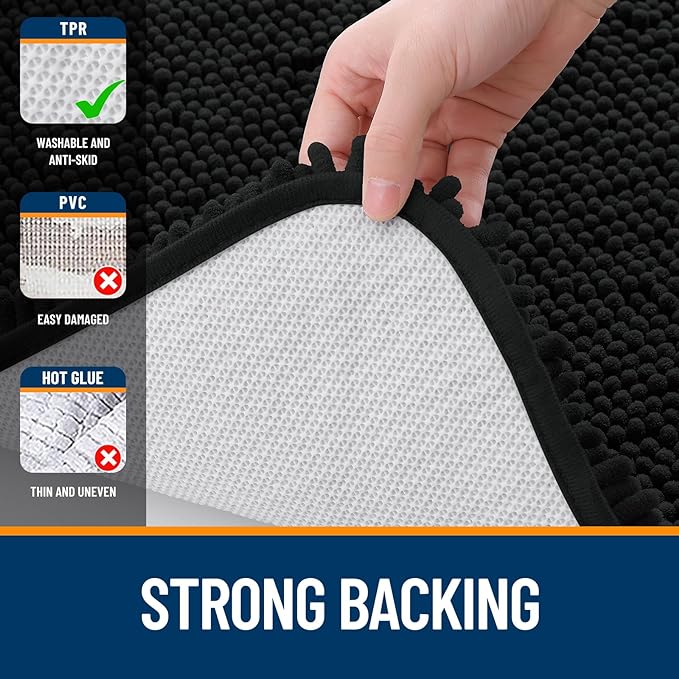 OLANLY Bathroom Rugs 40x32, Extra Soft Absorbent Chenille Bath Rugs, Rubber Backing Quick Dry, Machine Washable Bath Mats for Bathroom Floor, Tub and Shower, Home Decor Accessories, Black