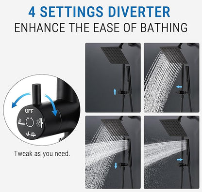 G-Promise All Metal Shower Diverter with Low Holder, Extended 13.5 Inch, 3-Way Diverter Valve with Pause Mode for Handheld and Fixed Shower Heads ∣ 4-Setting Replacement Part (Matte Black)