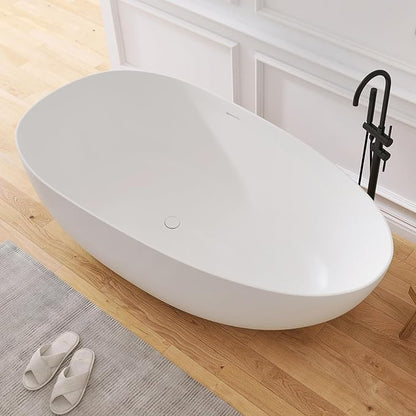 67" Stone Resin Freestanding Bathtub, Oval Solid Surface Bathroom Freestanding Tub, Thin Edge Stand Alone Tub with Integrated Slotted Overflow and Pop-up Drain, Matte White 302-170